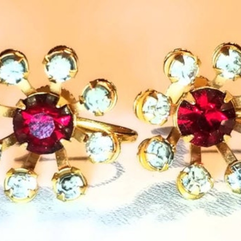 Vintage Signed Ruby Red & Rhinestone Earrings
